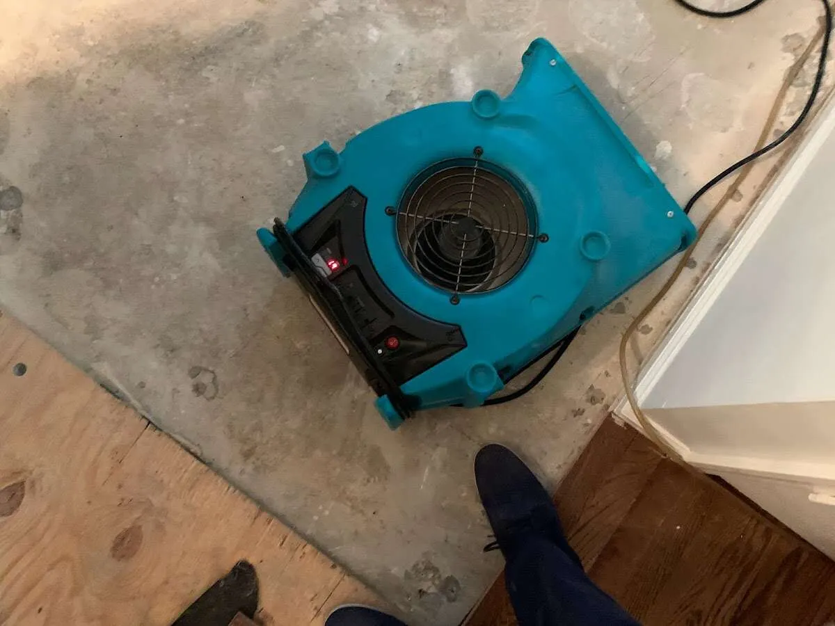 Air mover drying subfloor during Commercial Water Damage Restoration in Newington Forest